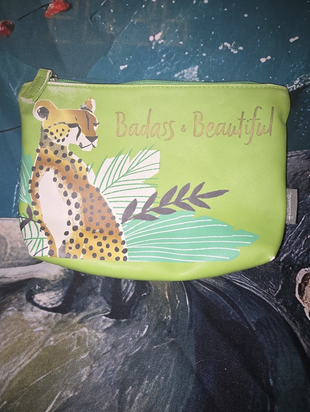 Badass & Beautiful Green Leopard Print Cosmetic Pouch By Hallmark